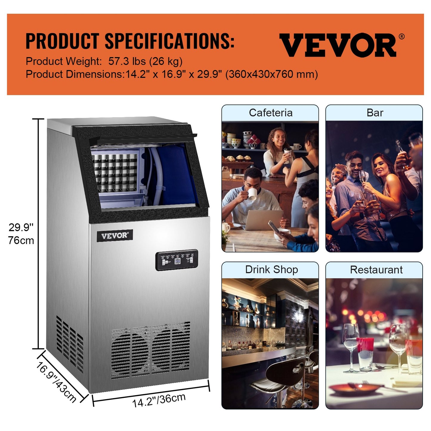 Commercial Ice Maker, 150 LBS/24H, Stainless Steel Ice Cube Maker Machine w/ 22 LBS Storage, 410W Ice Making Machine w/ LED Control Panel Water Filter Pipes Ice Scoop for Bars Restaurants, 220V