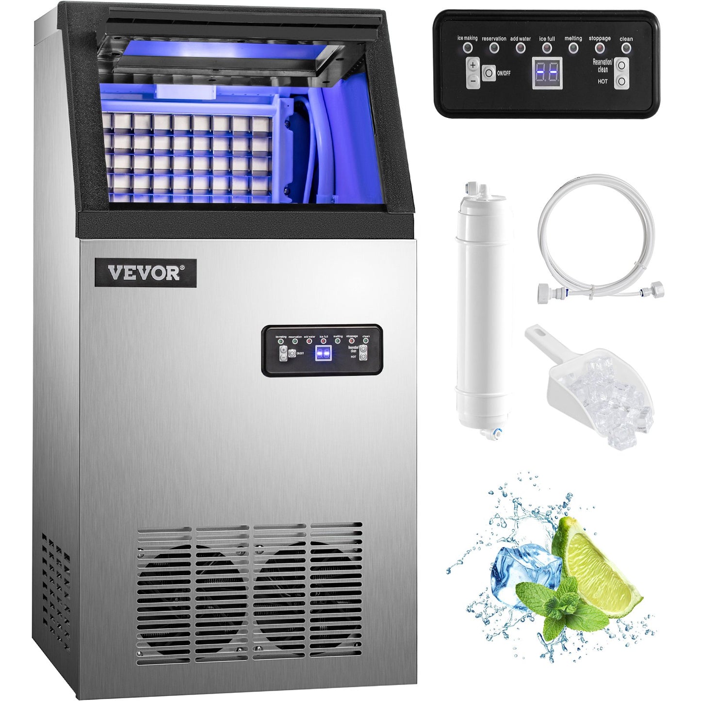 Commercial Ice Maker, 150 LBS/24H, Stainless Steel Ice Cube Maker Machine w/ 22 LBS Storage, 410W Ice Making Machine w/ LED Control Panel Water Filter Pipes Ice Scoop for Bars Restaurants, 220V