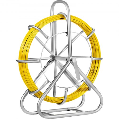 Fish Tape Cabling Rods 6MMX130M Duct Rodder Fish Tape Continuous Fiberglass Electrical Cable Threader Running Puller Hand-Operated Draw Wire Retractable Threader + Cage Wheel Stand