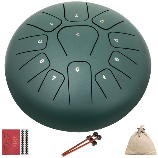 Steel Drum 11 Notes Percussion Instrument 8 Inches Tongue Drum, Steel Tongue Drum, Steel Drums Instruments With Bag, Book, Mallets, Mallet Bracket, Hang Pan Drum Instrument, Mineral Green