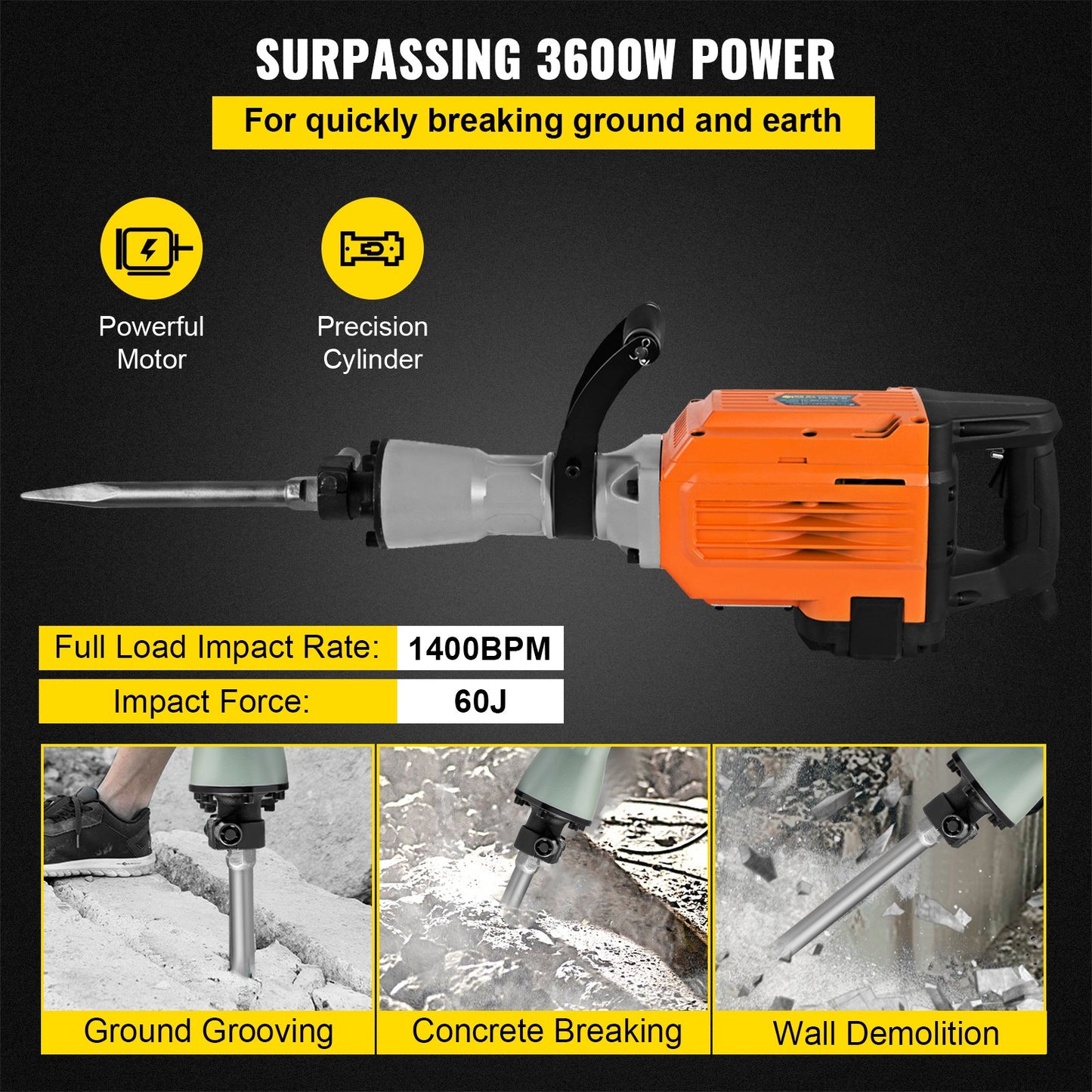 Update 3500W Electric Breaker, 230V Electric Demolition Jack Hammer Drill, 1800 R/Min Chisel Concrete Road Breaker 360° Foregrip for Crushing Concrete