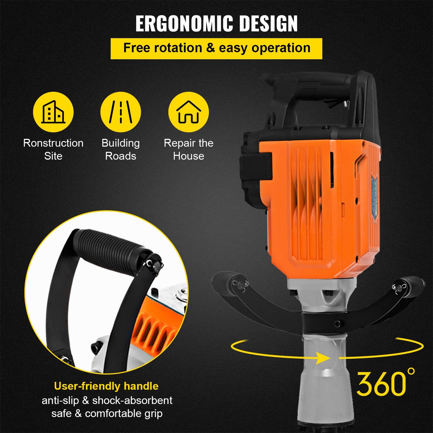 Update 3500W Electric Breaker, 230V Electric Demolition Jack Hammer Drill, 1800 R/Min Chisel Concrete Road Breaker 360° Foregrip for Crushing Concrete