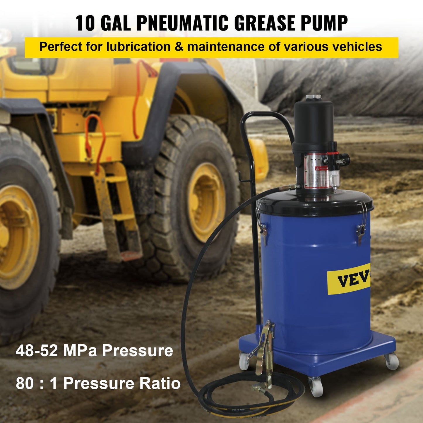 Grease Pump 10 Gallon 40L Air Operated Grease Pump, 1.3L/Min Pneumatic Grease Bucket Pump, 48-52MPa Portable Grease Pump, 80:1 Ratio Oil Bucket Pump, with Pressure Hydraulic Hose, Grease Gun
