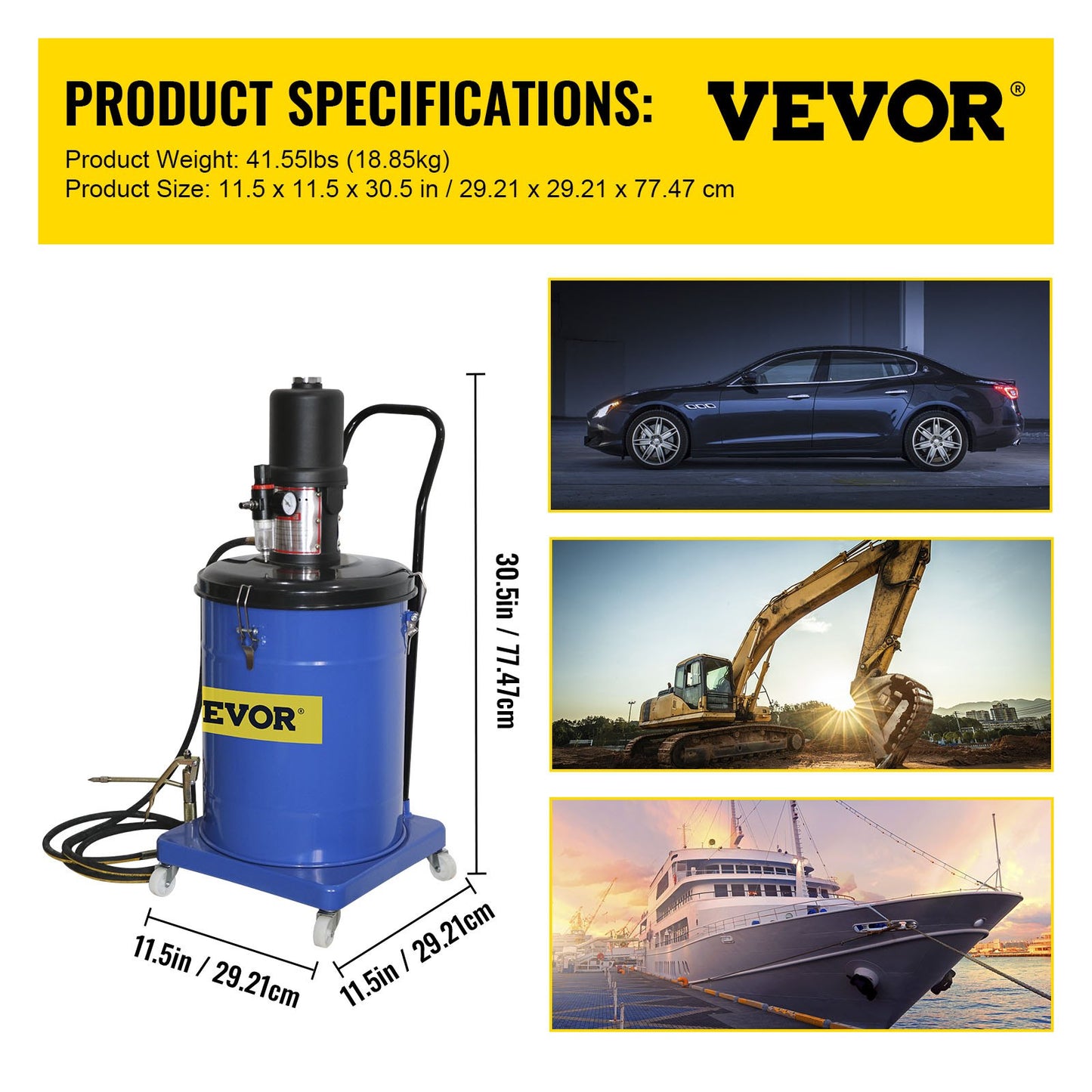 Grease Pump 10 Gallon 40L Air Operated Grease Pump, 1.3L/Min Pneumatic Grease Bucket Pump, 48-52MPa Portable Grease Pump, 80:1 Ratio Oil Bucket Pump, with Pressure Hydraulic Hose, Grease Gun
