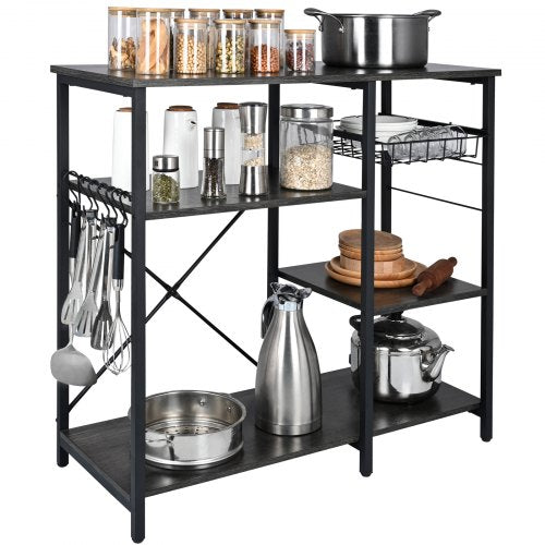 Kitchen Baker's Rack, 5-Tier Industrial Microwave Stand with Hutch & 8 S-Shaped Hooks, Multifunctional Coffee Station Organizer with Utility Storage Shelf for Kitchen, Living Room, Dark Gray