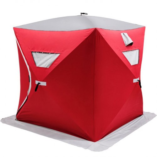3 Person Ice Fishing Tent Add Cotton Thicken Waterproof Pop-up Portable Ice Fishing Shelter with Detachable Ventilation Windows Carry Bag in Red