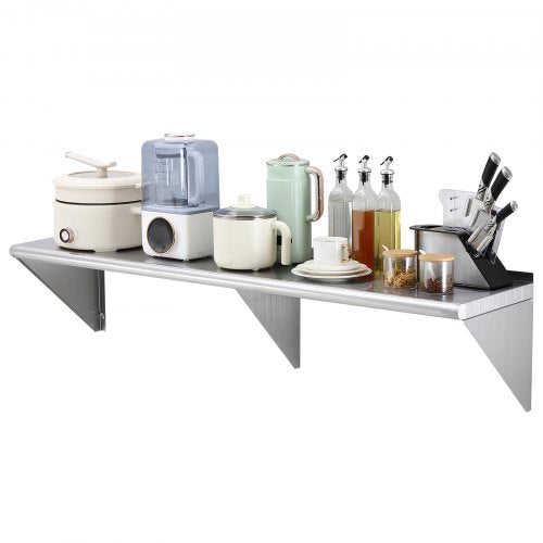 14" x 60" Stainless Steel Shelf, Wall Mounted Floating Shelving with Brackets, 400 lbs Load Capacity Commercial Shelves, Heavy Duty Storage Rack for Restaurant, Kitchen, Bar, Home, and Hotel