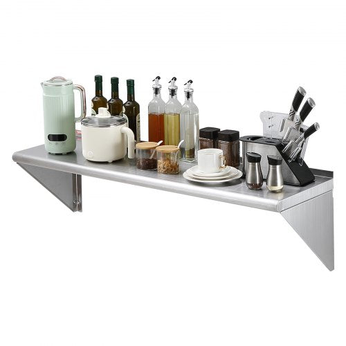 14" x 48" Stainless Steel Shelf, Wall Mounted Floating Shelving with Brackets, 400 lbs Load Capacity Commercial Shelves, Heavy Duty Storage Rack for Restaurant, Kitchen, Bar, Home, and Hotel