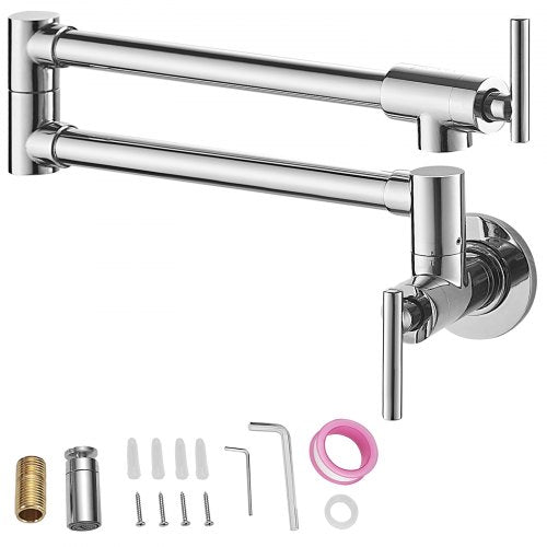 Pot Filler Faucet, Solid Brass Commercial Wall Mount Kitchen Stove Faucet with Polished Chrome Finish, Folding Restaurant Sink Faucet with Double Joint Swing Arm & 2 Handles