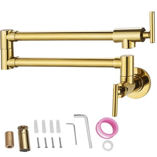 Pot Filler Faucet, Solid Brass Commercial Wall Mount Kitchen Stove Faucet with Gold Brushed Finish, Folding Restaurant Sink Faucet with Double Joint Swing Arm & 2 Handles