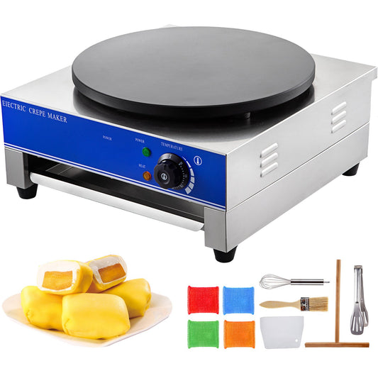 Commercial Crepe Maker Single Head Crepe Machine Commercial 3KW Electric Crepe Maker 50-300℃ Industrial Crepe Maker with 15.7-Inch Diameter Heating Plate Crepe Griddle Commercial Square