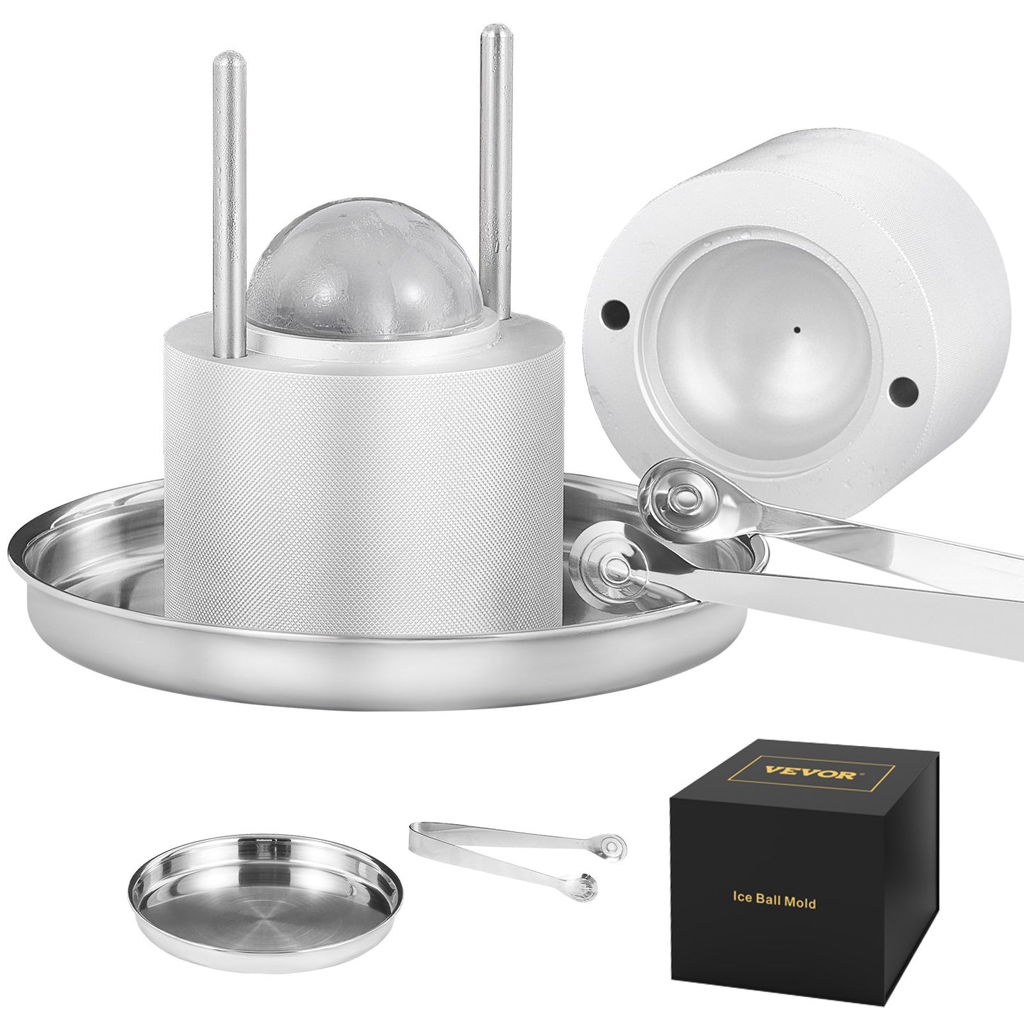 Ice Ball Press, 2.4" Ice Ball Maker, Aircraft Al Alloy Ice Ball Press Kit for 60mm Ice Sphere, Ice Press with Tong and Drip Tray, for Whiskey, Cocktail, Bourbon, Scot on Party & Holiday, Silver