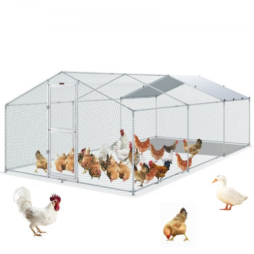 Large Metal Chicken Coop with Run, Walkin Poultry Cage for Yard, Waterproof Cover, 19.7 x 9.8 x 6.6 ft, Peaked Roof for Hen House, Duck Coop and Rabbit, Silver
