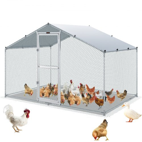 Large Metal Chicken Coop with Run, Walkin Chicken Coop for Yard with Waterproof Cover, 6.6 x 9.8 x 6.6 ft, Peaked Roof Large Poultry Cage for Hen House, Duck Coop and Rabbit Run, Silver