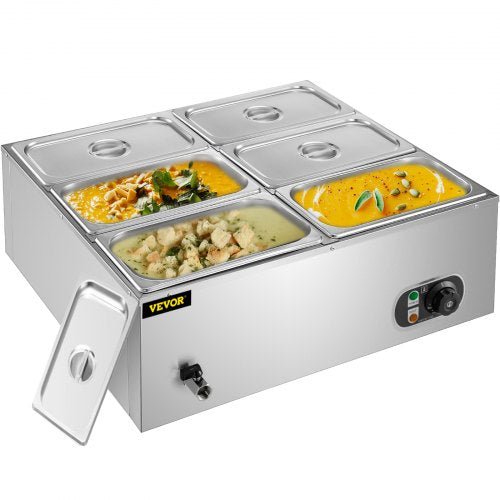 Countertop Food Warmer 6-Pan Commercial Food Warmer 850W Electric Countertop Steam Table 15cm/6inch Deep Stainless Steel Bain Marie Large Capacity 7 Quart for Buffet Catering