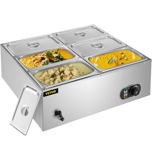 Countertop Food Warmer 6-Pan Commercial Food Warmer 850W Electric Countertop Steam Table 15cm/6inch Deep Stainless Steel Bain Marie Large Capacity 7 Quart for Buffet Catering