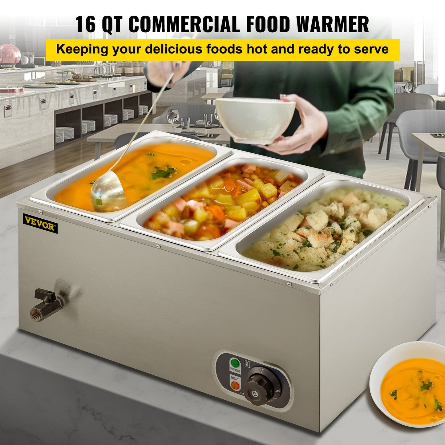 Commercial Food Warmer 3-Pan 850W Electric Countertop Steam Table 15cm/6inch Deep Stainless Steel Bain Marie Buffet Food Warmer Large Capacity 7 Quart/Pan for Catering and Restaurants