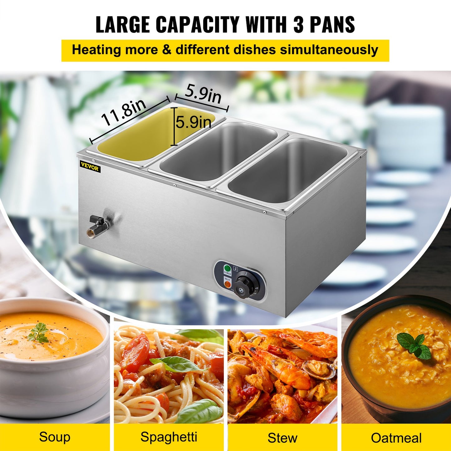 Commercial Food Warmer 3-Pan 850W Electric Countertop Steam Table 15cm/6inch Deep Stainless Steel Bain Marie Buffet Food Warmer Large Capacity 7 Quart/Pan for Catering and Restaurants