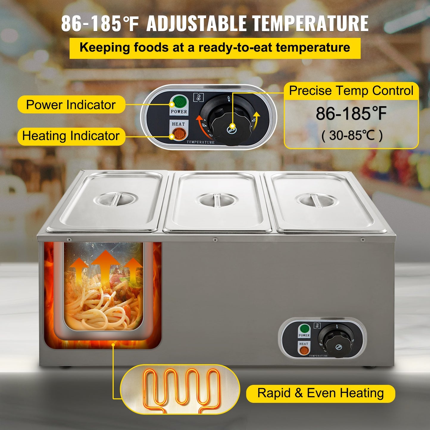 Commercial Food Warmer 3-Pan 850W Electric Countertop Steam Table 15cm/6inch Deep Stainless Steel Bain Marie Buffet Food Warmer Large Capacity 7 Quart/Pan for Catering and Restaurants