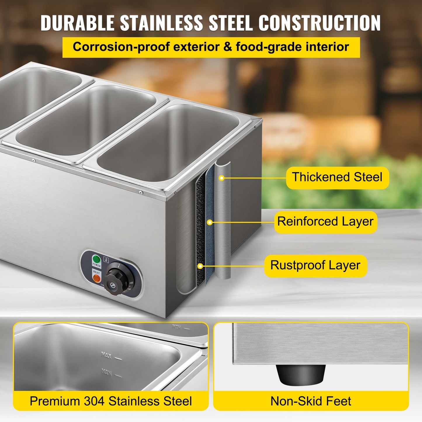 Commercial Food Warmer 3-Pan 850W Electric Countertop Steam Table 15cm/6inch Deep Stainless Steel Bain Marie Buffet Food Warmer Large Capacity 7 Quart/Pan for Catering and Restaurants