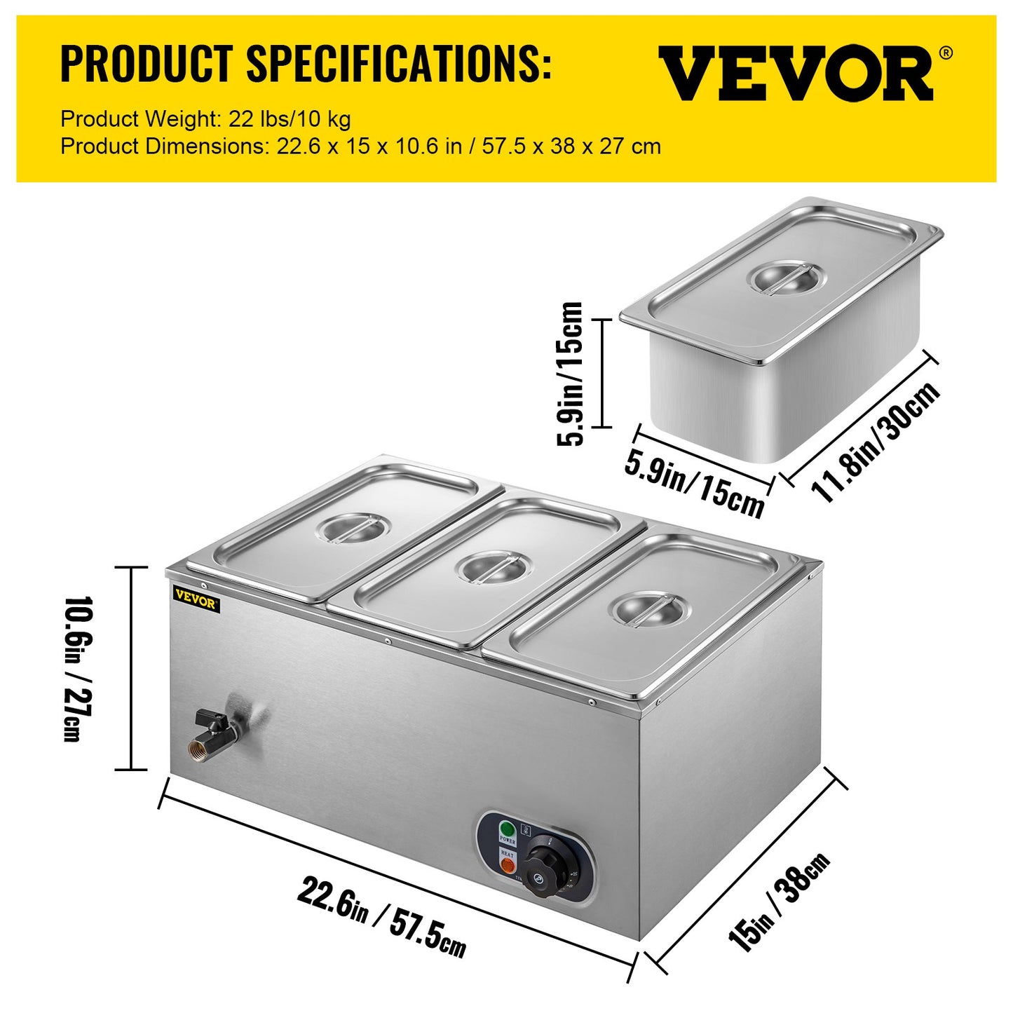 Commercial Food Warmer 3-Pan 850W Electric Countertop Steam Table 15cm/6inch Deep Stainless Steel Bain Marie Buffet Food Warmer Large Capacity 7 Quart/Pan for Catering and Restaurants