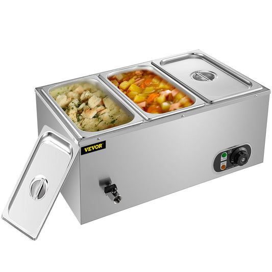 Commercial Food Warmer 3-Pan 850W Electric Countertop Steam Table 15cm/6inch Deep Stainless Steel Bain Marie Buffet Food Warmer Large Capacity 7 Quart/Pan for Catering and Restaurants