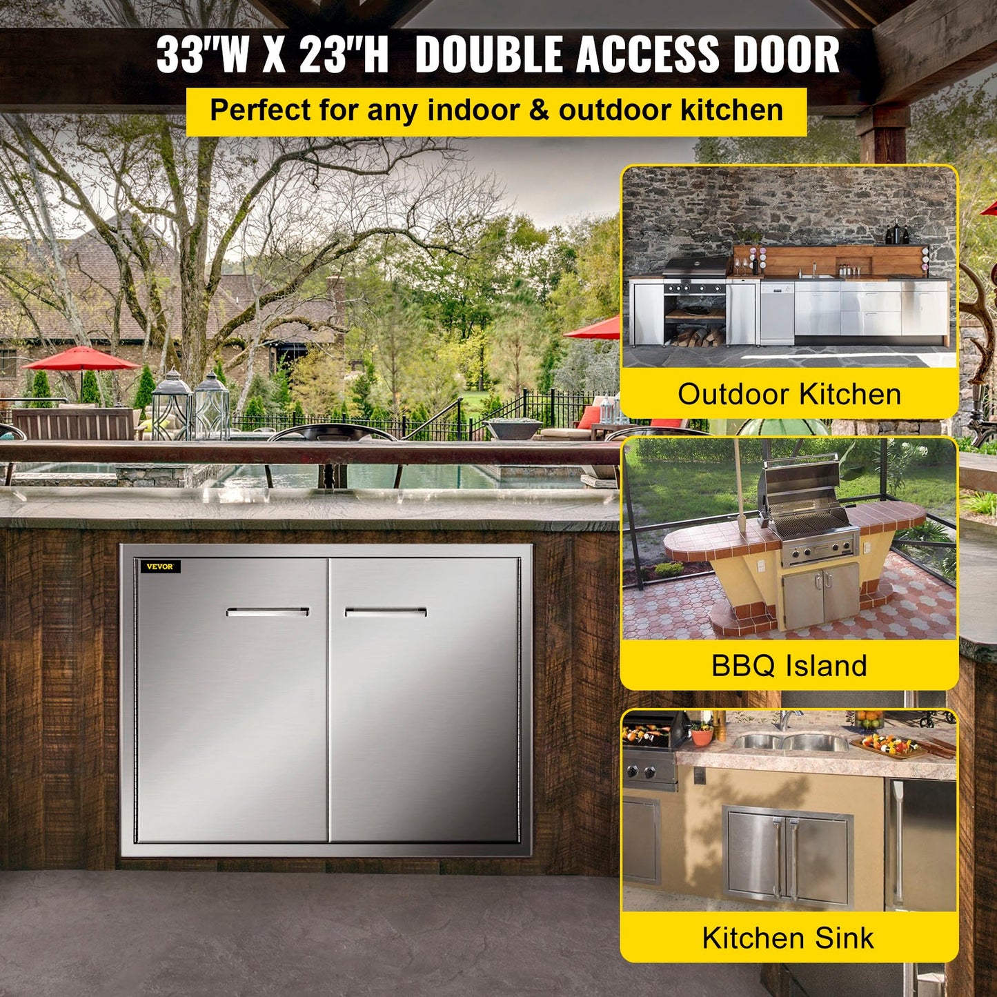 Double Access Door 83Wx58H cm Outdoor Kitchen Door Brushed Stainless Steel Outdoor Cabinets with Hooks Steel Access Door Easy to Install BBQ Doors Stainless Steel For BBQ Island Grill Station