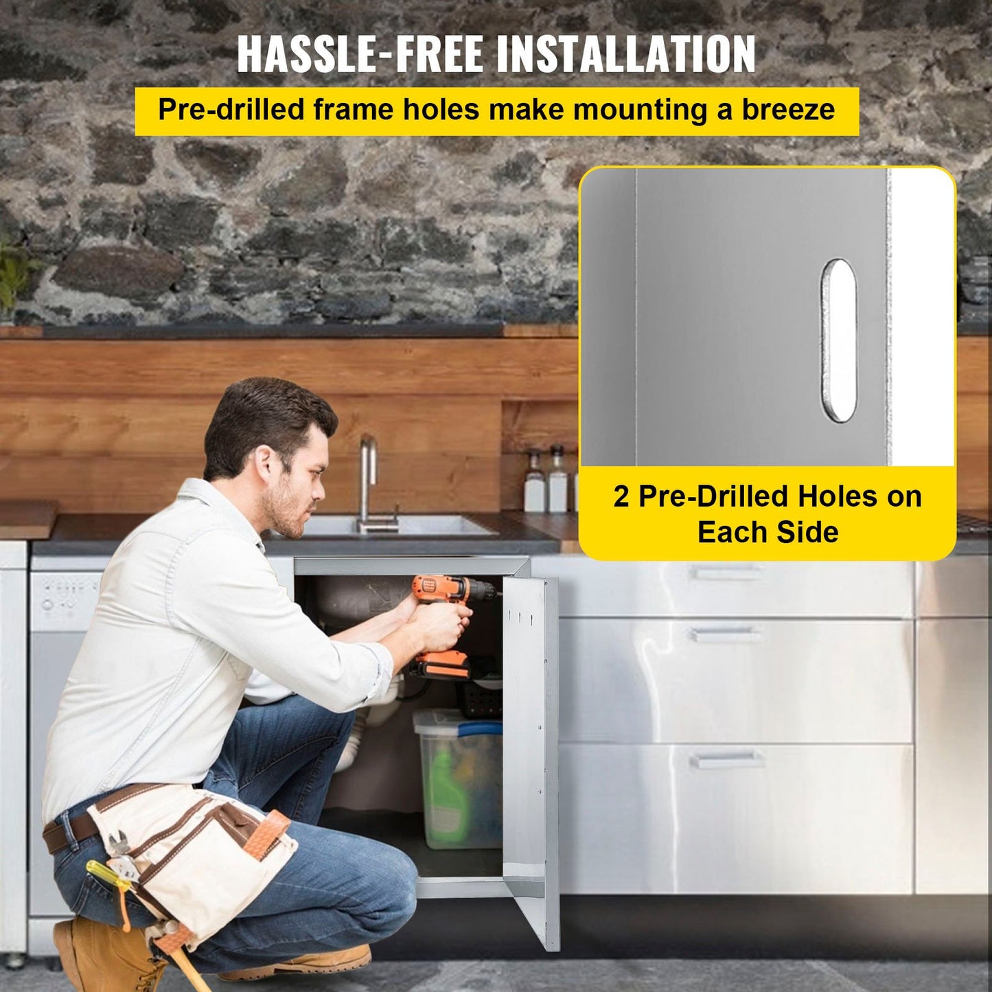 Double Access Door 83Wx58H cm Outdoor Kitchen Door Brushed Stainless Steel Outdoor Cabinets with Hooks Steel Access Door Easy to Install BBQ Doors Stainless Steel For BBQ Island Grill Station