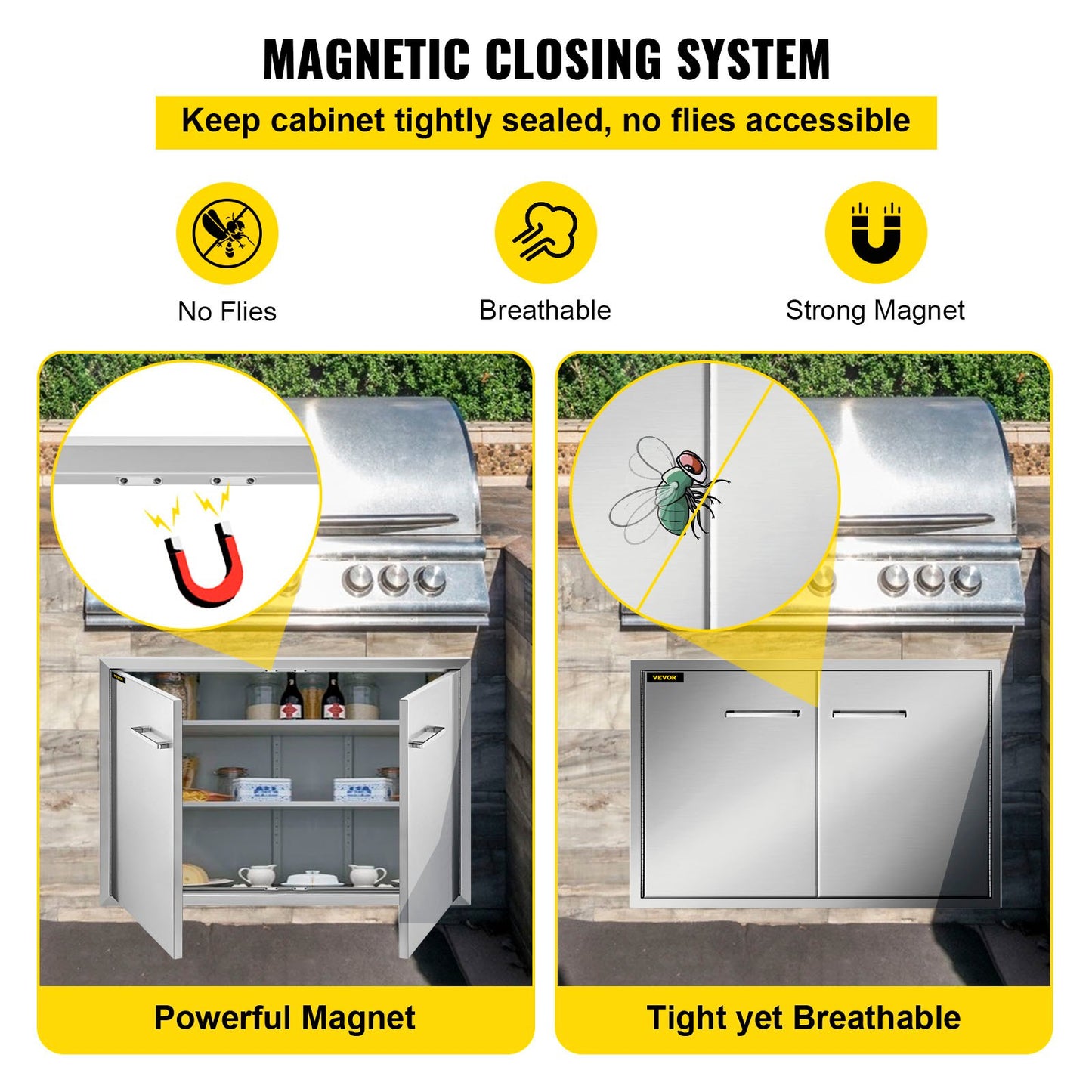 Double Access Door 83Wx58H cm Outdoor Kitchen Door Brushed Stainless Steel Outdoor Cabinets with Hooks Steel Access Door Easy to Install BBQ Doors Stainless Steel For BBQ Island Grill Station