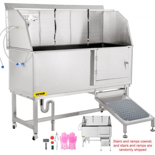 Dog Grooming Tub, 62" R Pet Wash Station, 304 Stainless Steel Pet Grooming Tub Rated 661LBS Load Capacity, Non-Skid Dog Washing Station Comes with Ramp, Faucet, Sprayer and Drain Kit