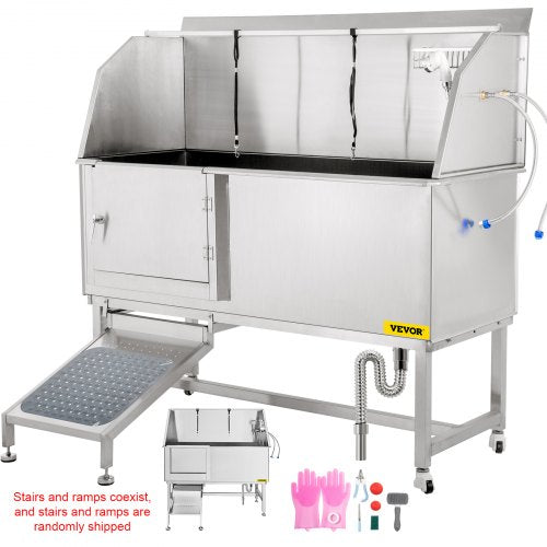 Dog Grooming Tub, 62" L Pet Wash Station, 304 Stainless Steel Pet Grooming Tub Rated 661LBS Load Capacity, Non-Skid Dog Washing Station Comes with Ramp, Faucet, Sprayer and Drain Kit