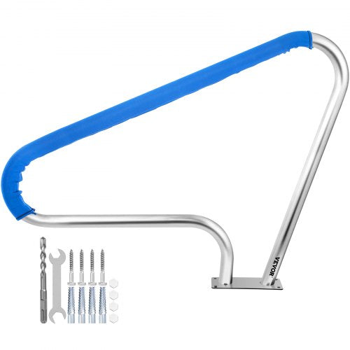 Pool Rail 48x36" Pool Railing 304 Stainless Steel 250LBS Load Capacity Silver Rustproof Pool Handrail Humanized Swimming Pool Handrail with Blue Grip Cover & M8 Drill Bit & Self-taping Screws