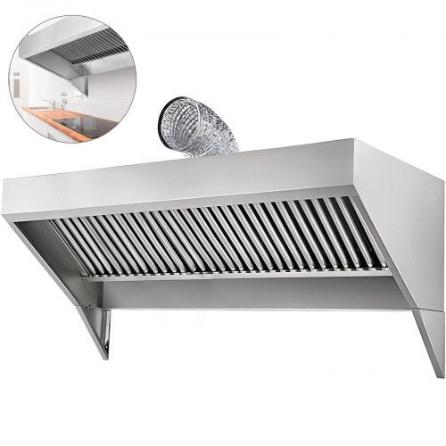 Concession Hood Exhaust, 7FT Long Food Truck Hood Exhaust, Stainless Steel Concession Hood Vent Silver Food Truck Vent, Commercial Hood Vent with Baffle Hood Filter, Grease Groove, Fume Pipe