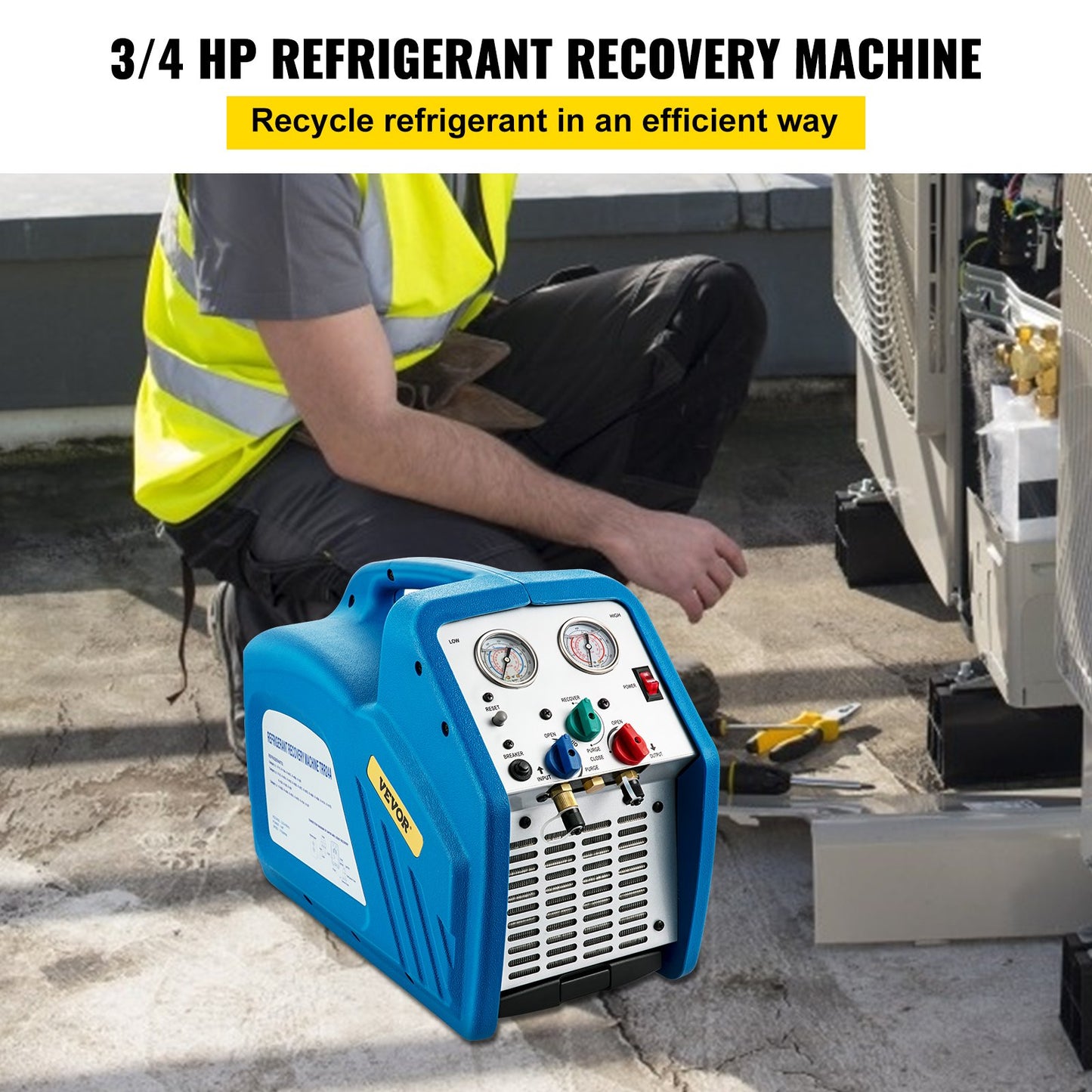 Refrigerant Recovery Machine, 3/4 HP, Single Cylinder, HVAC Refrigerant Recovery, Portable AC Recovery Machine for Air Condition, Refrigerant, Automotive, Blue