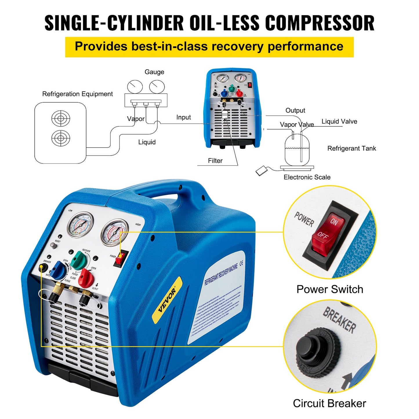 Refrigerant Recovery Machine, 3/4 HP, Single Cylinder, HVAC Refrigerant Recovery, Portable AC Recovery Machine for Air Condition, Refrigerant, Automotive, Blue