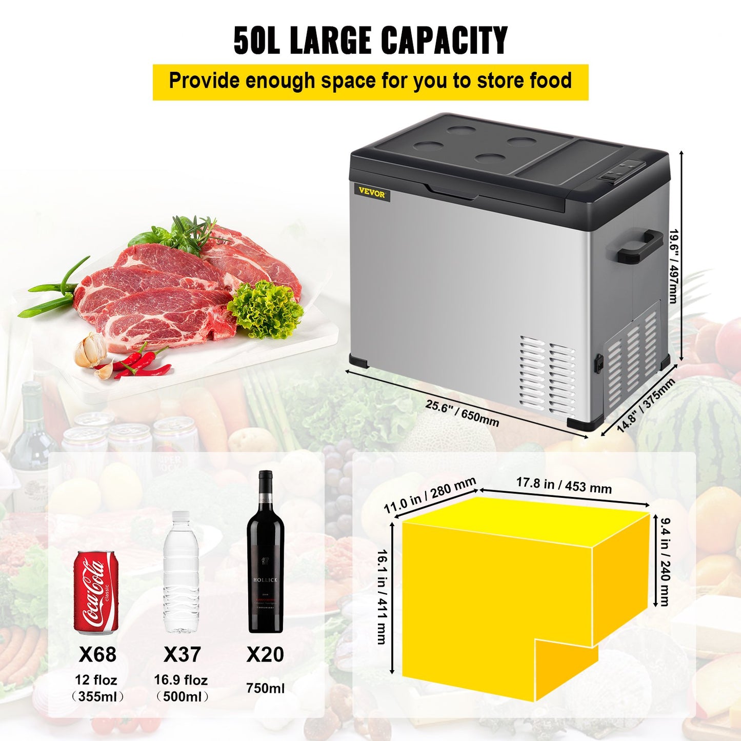 Car Refrigerator, 53 Qt, 12v Portable Freezer with Single Zone, 12/24V DC & 110-240V AC Electric Compressor Cooler w/ -4℉-68℉ Cooling Range, for Car Truck Vehicle RV Boat Outdoor & Home use