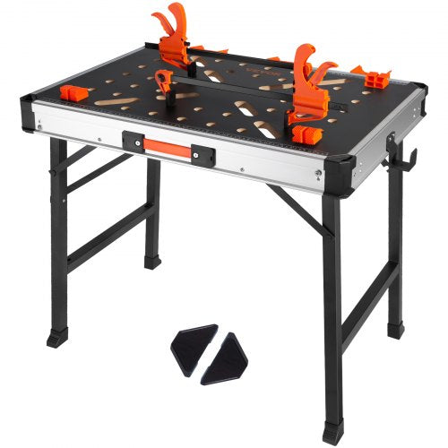 Folding Work Table, 2-in-1 as Sawhorse & Workbench, 1000 lbs Load Capacity, Steel Legs, Portable Foldable Tool Stand with 2 Wood Clamps, 4 Bench Dogs, 3 Tool Boxes, 2 Hooks, Easy Garage Storage