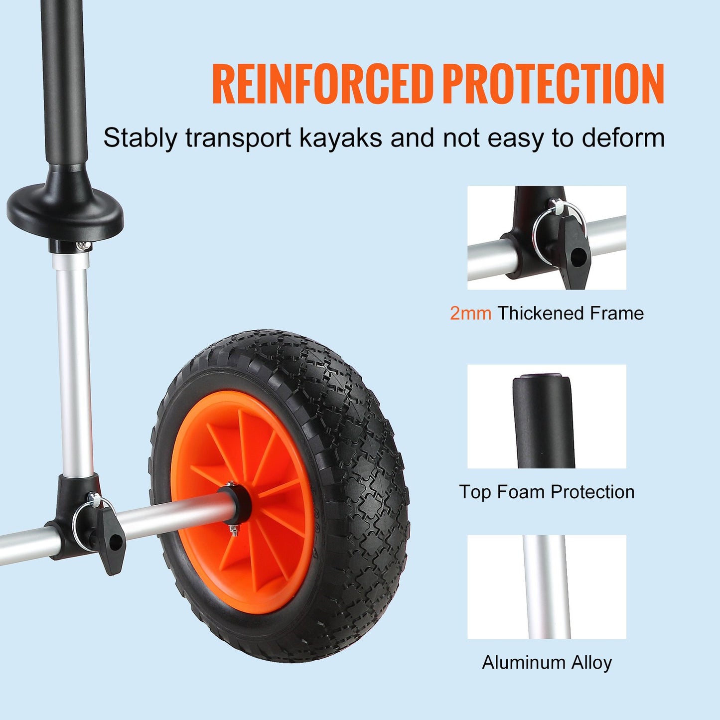 Heavy Duty Kayak Cart, 280lbs Load Capacity, Detachable Canoe Trolley Cart with 10'' Solid Tires, Adjustable Width & Top Foam Protection, for Kayaks with Drain Holes of 2.54mm and Above