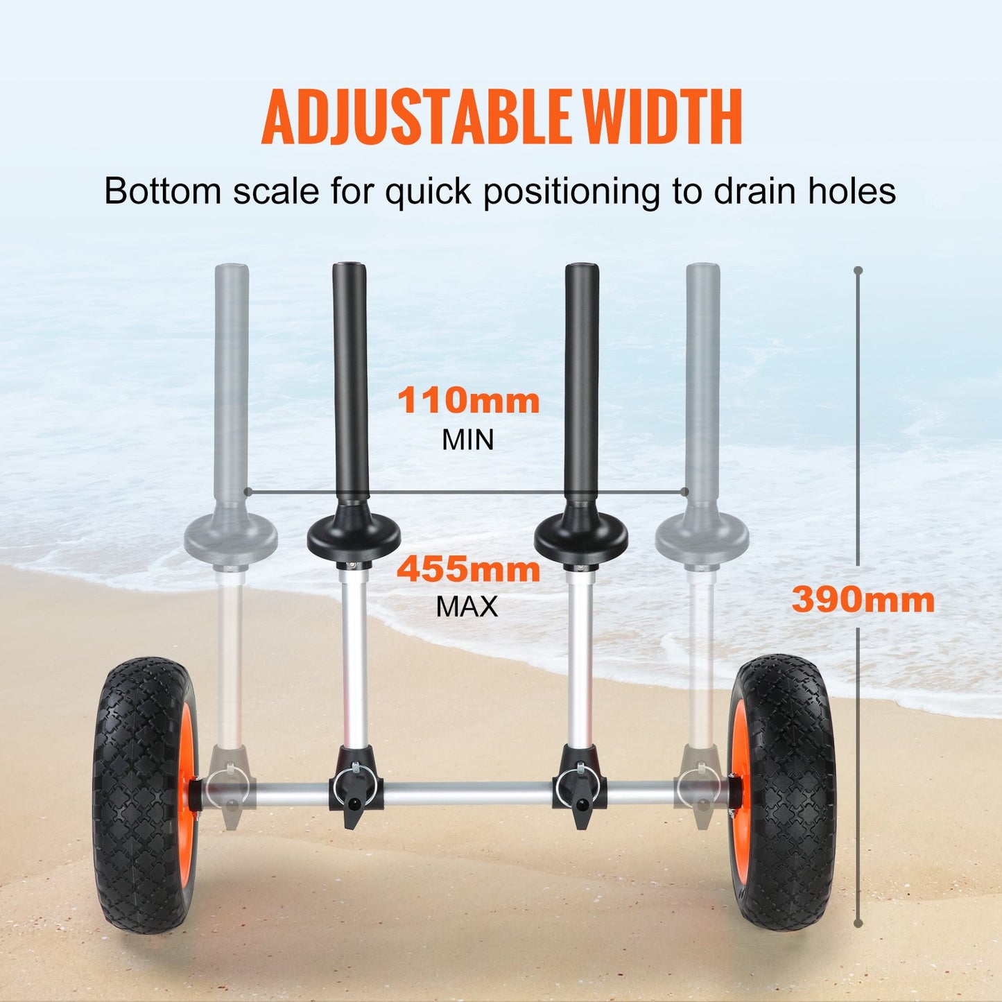 Heavy Duty Kayak Cart, 280lbs Load Capacity, Detachable Canoe Trolley Cart with 10'' Solid Tires, Adjustable Width & Top Foam Protection, for Kayaks with Drain Holes of 2.54mm and Above