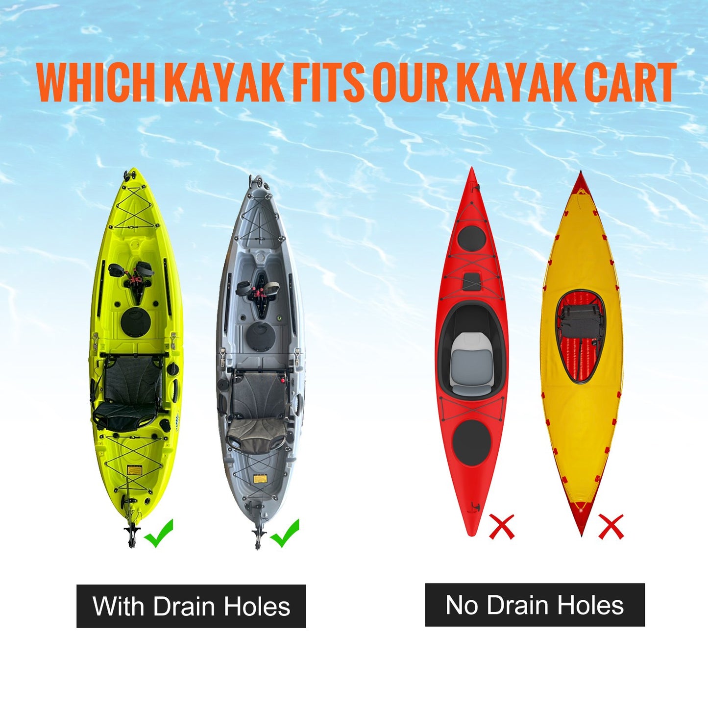 Heavy Duty Kayak Cart, 280lbs Load Capacity, Detachable Canoe Trolley Cart with 10'' Solid Tires, Adjustable Width & Top Foam Protection, for Kayaks with Drain Holes of 2.54mm and Above