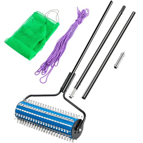 Roller Weed Rake, 12’ Lake Weed Cutter, Uproots Aquatic Weeds Muck Silt Lake Rakes, Weed Removal Tool for Lake Pond Beach Landscaping, Lake Weed Roller Remover with Extension Pole and Rope