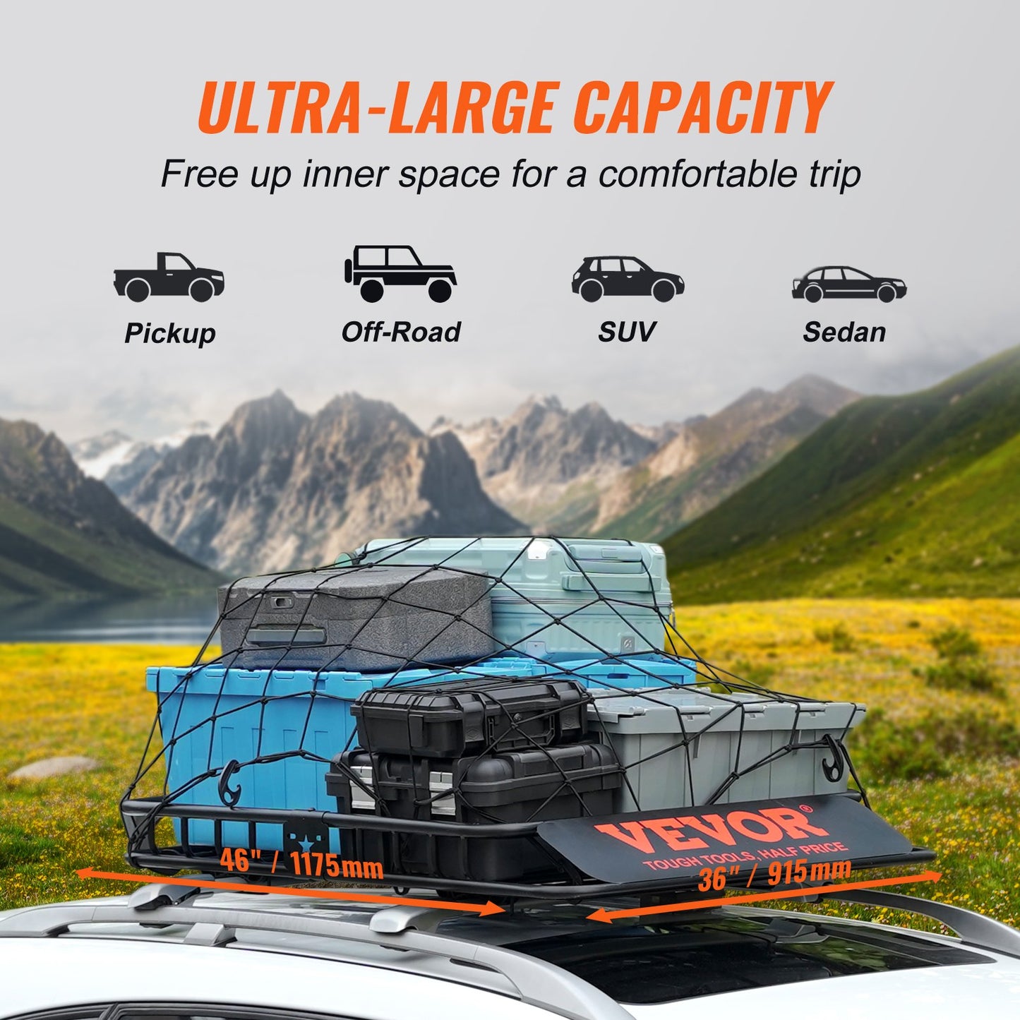 Roof Rack Cargo Basket, 117.5 x 91.5 x 11.4 cm Rooftop Cargo Carrier, Heavy-duty 90.7 kg Capacity Universal Roof Rack Basket, Luggage Holder for SUV, Truck, Vehicle