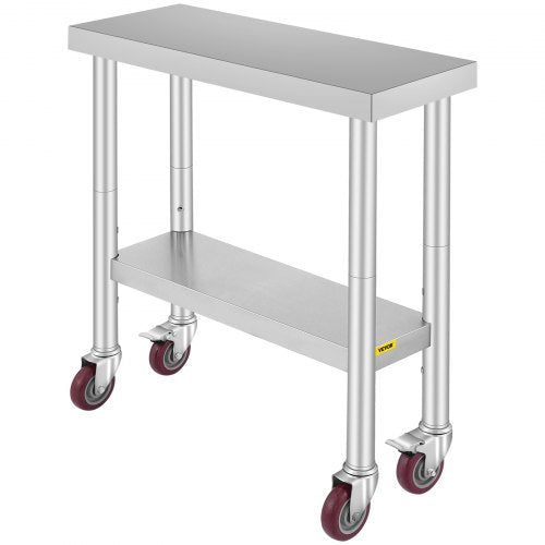 Stainless Steel Catering Work Table 30x12 Inch Commercial Kitchen Table with 4 Wheels Commercial Food Prep Workbench with Flexible Adjustment Shelf for Kitchen Prep Table