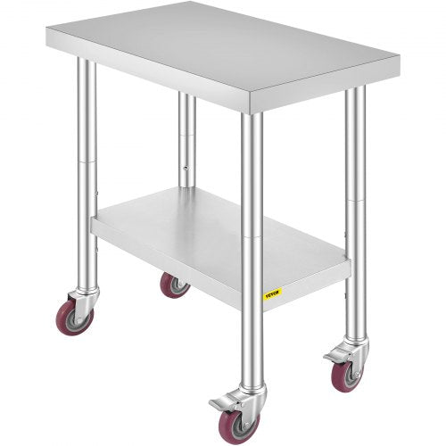 Stainless Steel Catering Work Table 30x18 Inch Commercial Kitchen Table with 4 Wheels Commercial Food Prep Workbench With Flexible Adjustment Shelf for Kitchen Prep Table