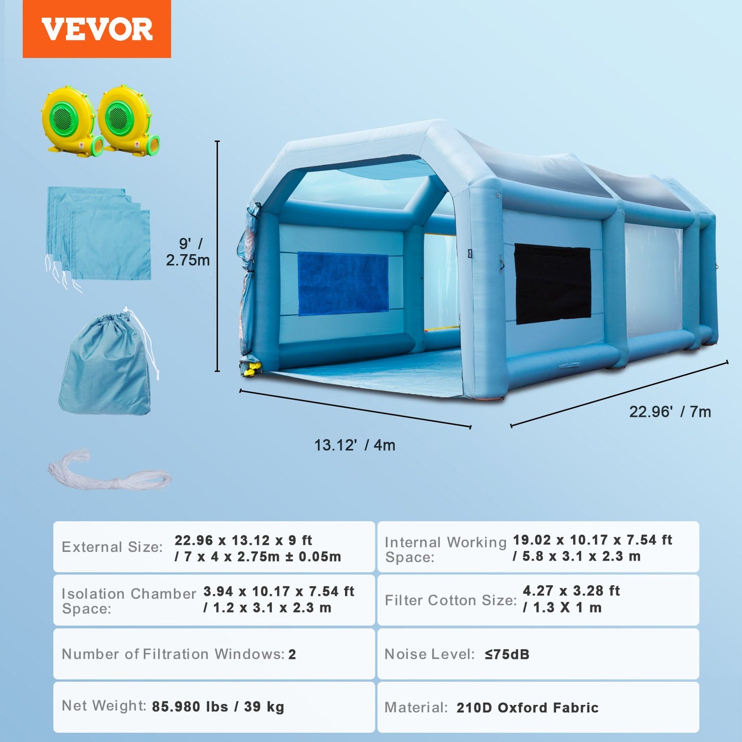 Inflatable Spray Booth Car Paint Tent 23x13x8.5ft Filter System 2 Blowers
