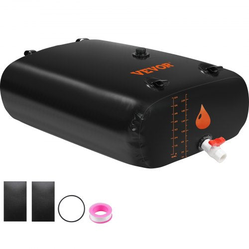 Water Tank Bladder, 63 Gallon Large Capacity, PVC Collapsible Water Bladder Including Spigots and Overflow Kit, Portable Water Storage Bladder for Garden Water Catcher, Black