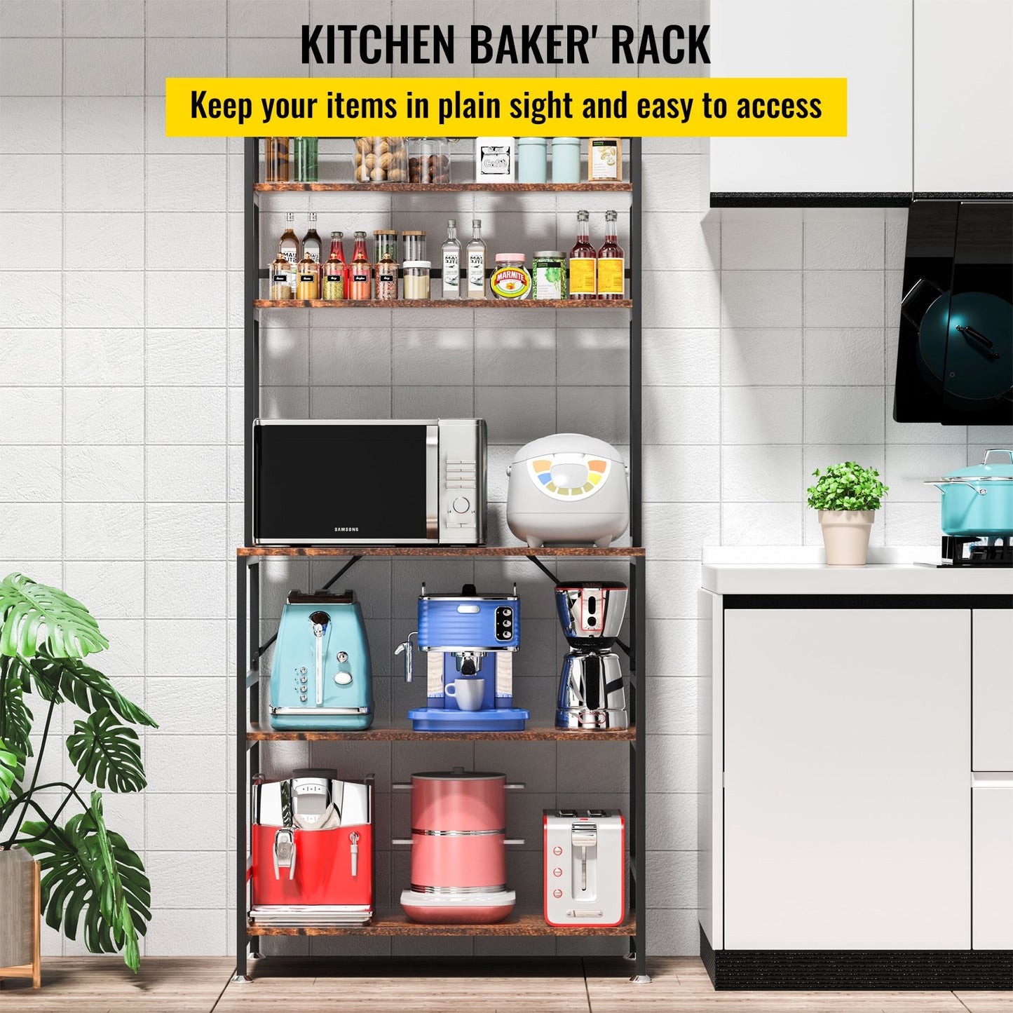 Kitchen Baker's Rack, 5-Tier Industrial Microwave Stand with Hutch 6 Side Hooks, Multifunctional Coffee Station Organizer with Wine Stopper, Utility Storage Shelf for Kitchen Dining Living Room