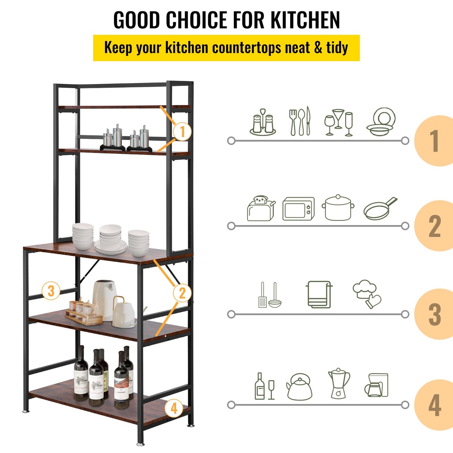 Kitchen Baker's Rack, 5-Tier Industrial Microwave Stand with Hutch 6 Side Hooks, Multifunctional Coffee Station Organizer with Wine Stopper, Utility Storage Shelf for Kitchen Dining Living Room