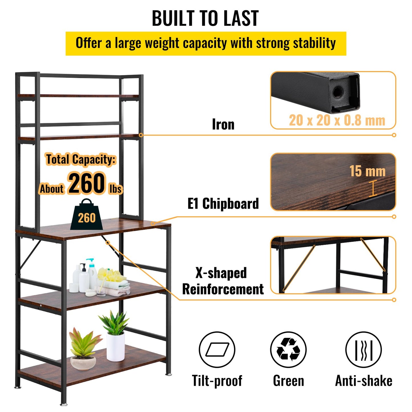 Kitchen Baker's Rack, 5-Tier Industrial Microwave Stand with Hutch 6 Side Hooks, Multifunctional Coffee Station Organizer with Wine Stopper, Utility Storage Shelf for Kitchen Dining Living Room