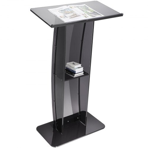 Acrylic Podium, 47" Tall, Acrylic Podium Stand with Wide Reading Surface & Storage Shelf, Floor-standing Clear Pulpits Acrylic for Church Office School, Black